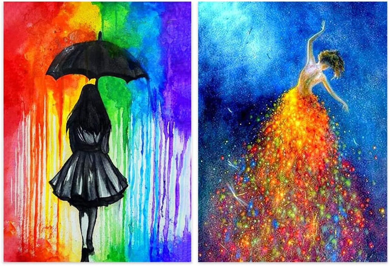 2-Piece DIY 5D Diamond Art Set for Adults or Children, Full Diamond Painting Set with the Theme of Girls Dancing with Stars and Girls in the Rain, Perfect Art Crafts